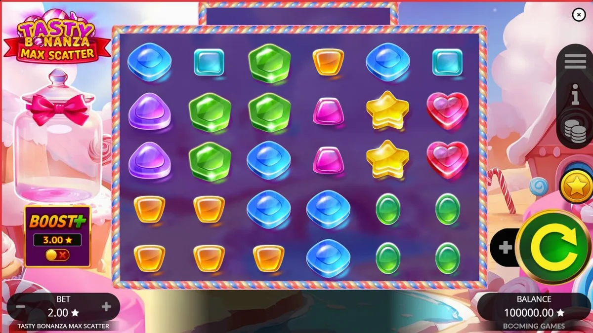 Interface colorida e doce do jogo Tasty Bonanza Max Scatter
