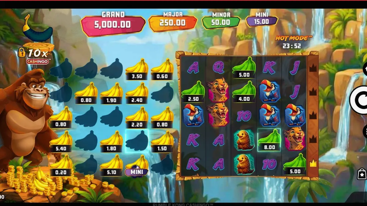 O gorila gigante Kong em uma metrópole neon no jogo Rumble Kong Cashingo